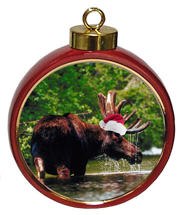 Moose Ceramic Red Drum Christmas Ornament