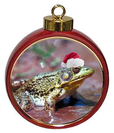 Green Frog Ceramic Red Drum Christmas Ornament