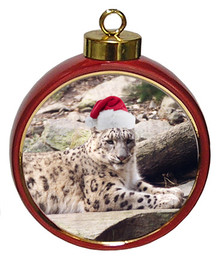 Snow Leopard Ceramic Red Drum Christmas Ornament
