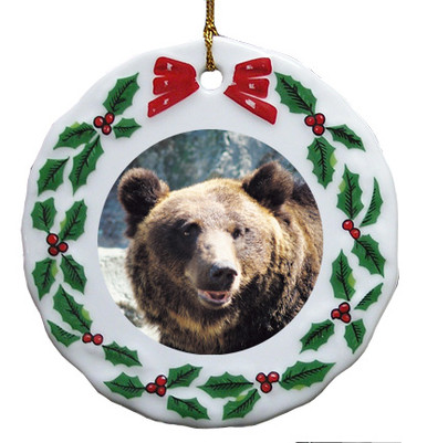 Bear Porcelain Holly Wreath Christmas Ornament
