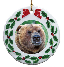Bear Porcelain Holly Wreath Christmas Ornament
