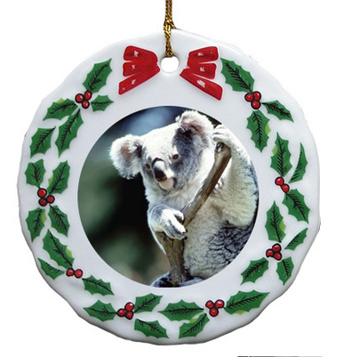 Koala Bear Porcelain Holly Wreath Christmas Ornament