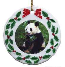 Panda Bear Porcelain Holly Wreath Christmas Ornament
