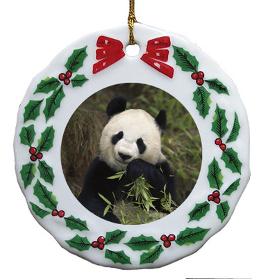 Panda Bear Porcelain Holly Wreath Christmas Ornament
