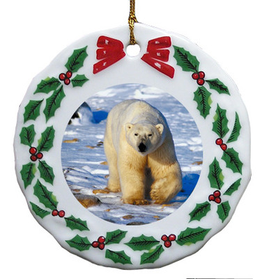 Polar Bear Porcelain Holly Wreath Christmas Ornament