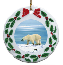Polar Bear Porcelain Holly Wreath Christmas Ornament