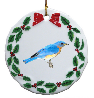 Bluebird Porcelain Holly Wreath Christmas Ornament