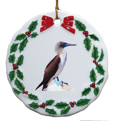 Blue Footed Booby Porcelain Holly Wreath Christmas Ornament