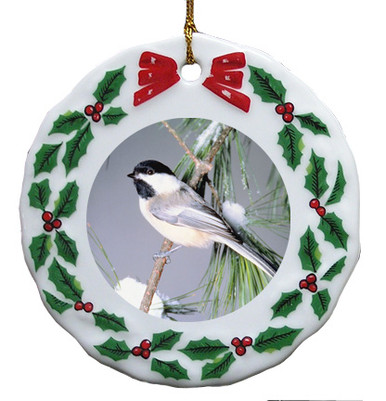 Chickadee Porcelain Holly Wreath Christmas Ornament