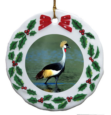 Crowned Crane Porcelain Holly Wreath Christmas Ornament