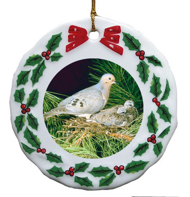 Dove Porcelain Holly Wreath Christmas Ornament