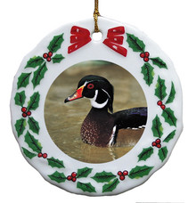 Duck Porcelain Holly Wreath Christmas Ornament
