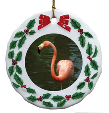Flamingo Porcelain Holly Wreath Christmas Ornament