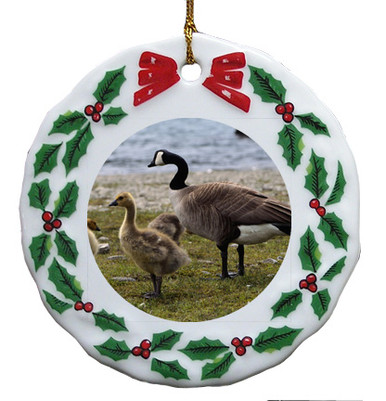 Geese Porcelain Holly Wreath Christmas Ornament