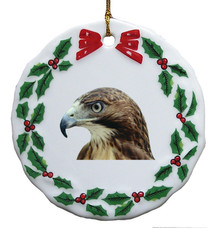 Hawk Porcelain Holly Wreath Christmas Ornament