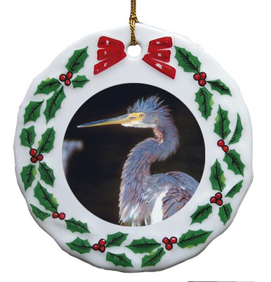 Louisiana Heron Porcelain Holly Wreath Christmas Ornament