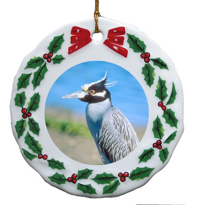 Yellow Crowned Heron Porcelain Holly Wreath Christmas Ornament