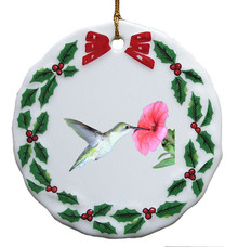 Hummingbird Porcelain Holly Wreath Christmas Ornament