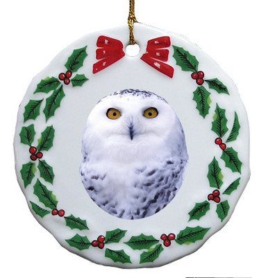 White Owl Porcelain Holly Wreath Christmas Ornament