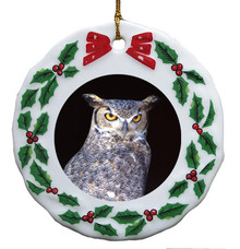 Great Horned Owl Porcelain Holly Wreath Christmas Ornament