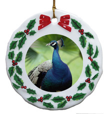 Peacock Porcelain Holly Wreath Christmas Ornament