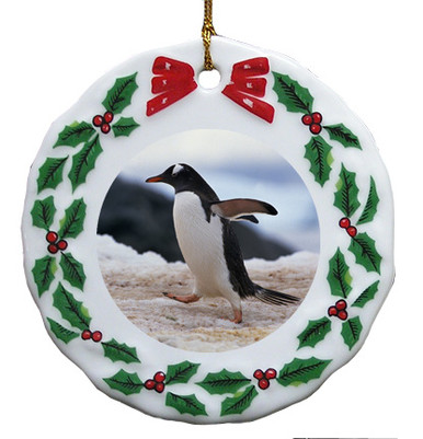 Penguin Porcelain Holly Wreath Christmas Ornament