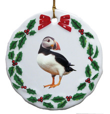 Atlantic Puffin Porcelain Holly Wreath Christmas Ornament