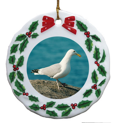 Seagull Porcelain Holly Wreath Christmas Ornament