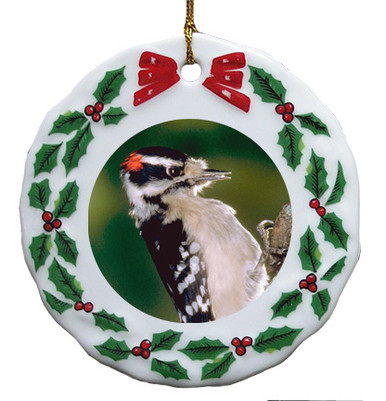 Downey Woodpecker Porcelain Holly Wreath Christmas Ornament
