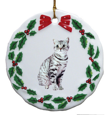 American Shorthair Cat Porcelain Holly Wreath Christmas Ornament