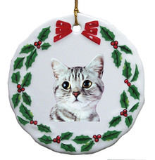 American Shorthair Cat Porcelain Holly Wreath Christmas Ornament