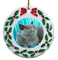 British Shorthair Cat Porcelain Holly Wreath Christmas Ornament