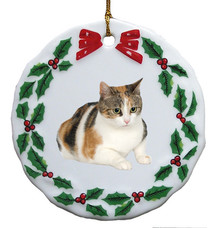 Calico Cat Porcelain Holly Wreath Christmas Ornament