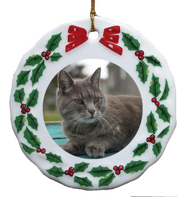 Cat Porcelain Holly Wreath Christmas Ornament