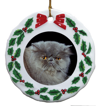 Persian Cat Porcelain Holly Wreath Christmas Ornament