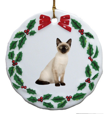 Siamese Cat Porcelain Holly Wreath Christmas Ornament