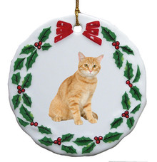 Tabby Cat Porcelain Holly Wreath Christmas Ornament