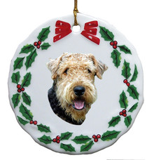 Airedale Porcelain Holly Wreath Christmas Ornament