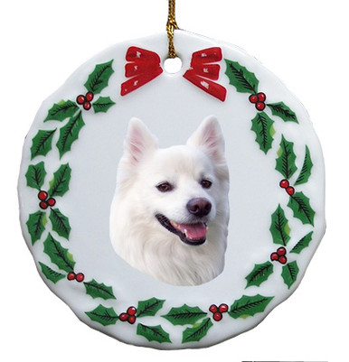 American Eskimo Dog Porcelain Holly Wreath Christmas Ornament