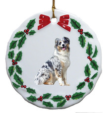 Australian Shepherd Porcelain Holly Wreath Christmas Ornament