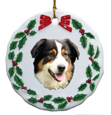 Australian Shepherd Porcelain Holly Wreath Christmas Ornament