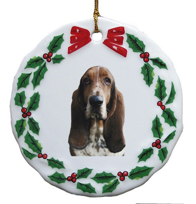 Basset Hound Porcelain Holly Wreath Christmas Ornament