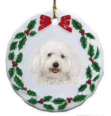 Bichon Porcelain Holly Wreath Christmas Ornament