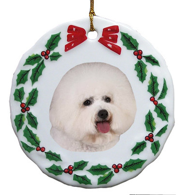 Bichon Porcelain Holly Wreath Christmas Ornament