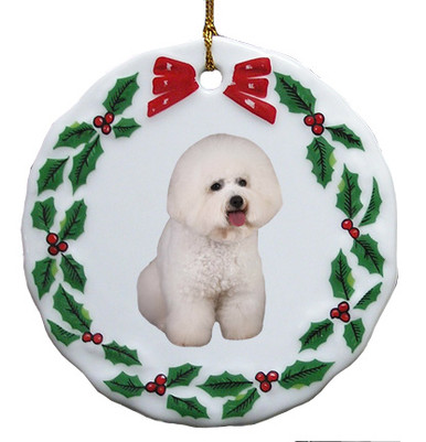 Bichon Porcelain Holly Wreath Christmas Ornament