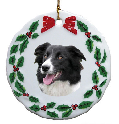 Border Collie Porcelain Holly Wreath Christmas Ornament