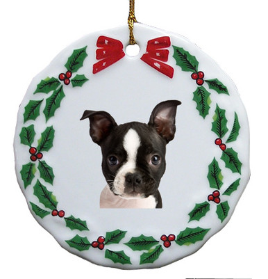 Boston Terrier Porcelain Holly Wreath Christmas Ornament