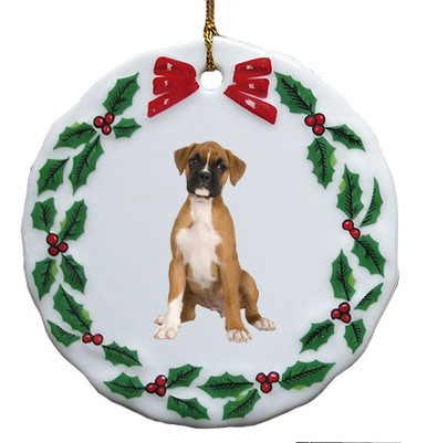 Boxer Porcelain Holly Wreath Christmas Ornament