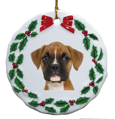 Boxer Porcelain Holly Wreath Christmas Ornament