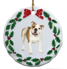 Bulldog Porcelain Holly Wreath Christmas Ornament